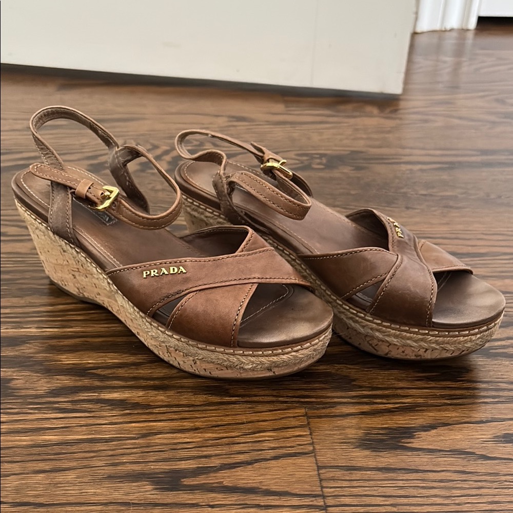 Prada Brown Leather Wedge Sandals with Crisscross Straps
